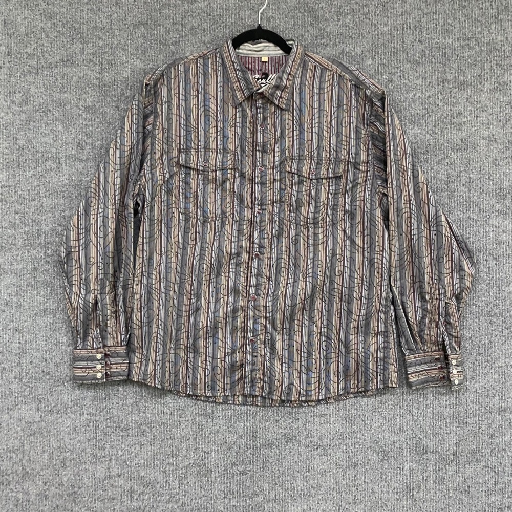 Scully Western Shirt Mens Large Brown Striped Embroidered Swirl Snap PS-084